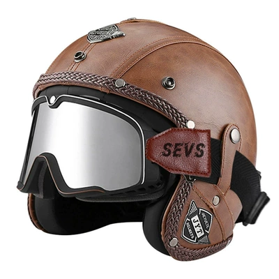Motorcycle Safety Supplies: Helmet Safety Helmet - 555-leather-helmet-dark-brown-large-frame-goggles-silver-mirror-s