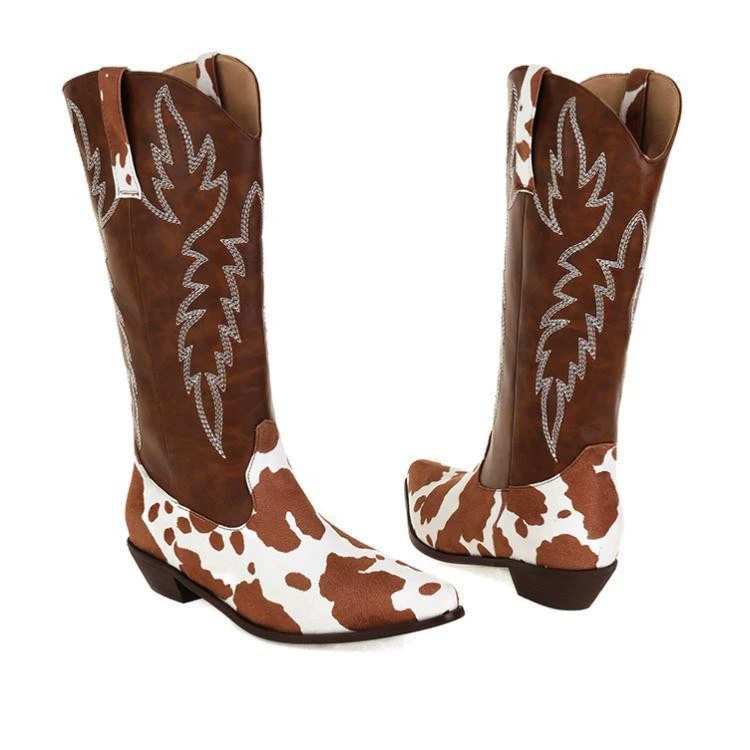 2022 Внешняя торговля осенне-зимний средний каблук на массивном каблуке с острым носком Большие размеры 35-48 молочная корова с вышивкой высокие женские сапоги мужские сапоги