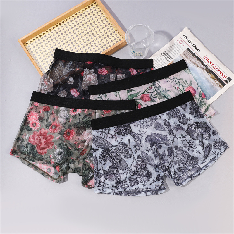 网纱透明男士内裤性感透气平角裤夏季印花四角薄款蕾丝快干短裤头