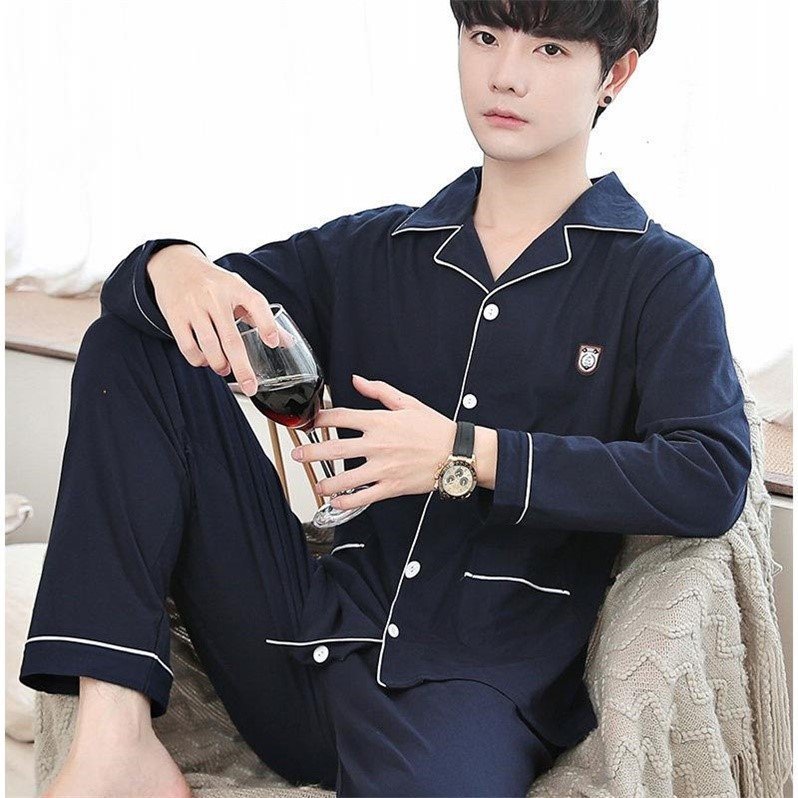 100% algodón Pijama de primavera y otoño de los hombres de manga larga pantalones de algodón de la juventud de los hombres delgados traje de desgaste para el hogar