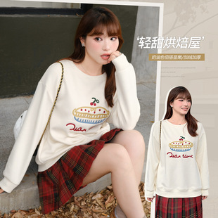Cream Cake Embroider Fleece-Lined Thickeneded Sweatshirt for Women Spring Fat mm Plus Size Women's Loose Round Neck Velvet Sweater 65140