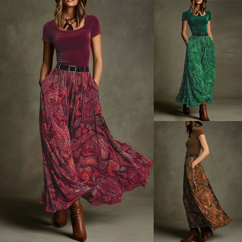 Tume Aliexpress European and American Retro Velvet Patchwork Paisley Dress Elegant Style with Belt Waist-Cinching Long Skirt