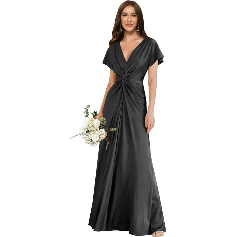 Europa y América transfronterizos 2026 verano nuevo satén de mangas cortas vestido de boda formal vestido de dama de honor