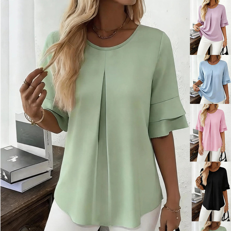 2026 New Amazon Independent Site Hot-Selling T-Shirt, Summer Loose Fit Slimming Ruffled Half-Sleeve Top Shirt 2026 New Amazon Independent Site Hot-Selling T-Shirt, Summer Loose Fit Slimming Ruffled Half-Sleeve Top Shirt