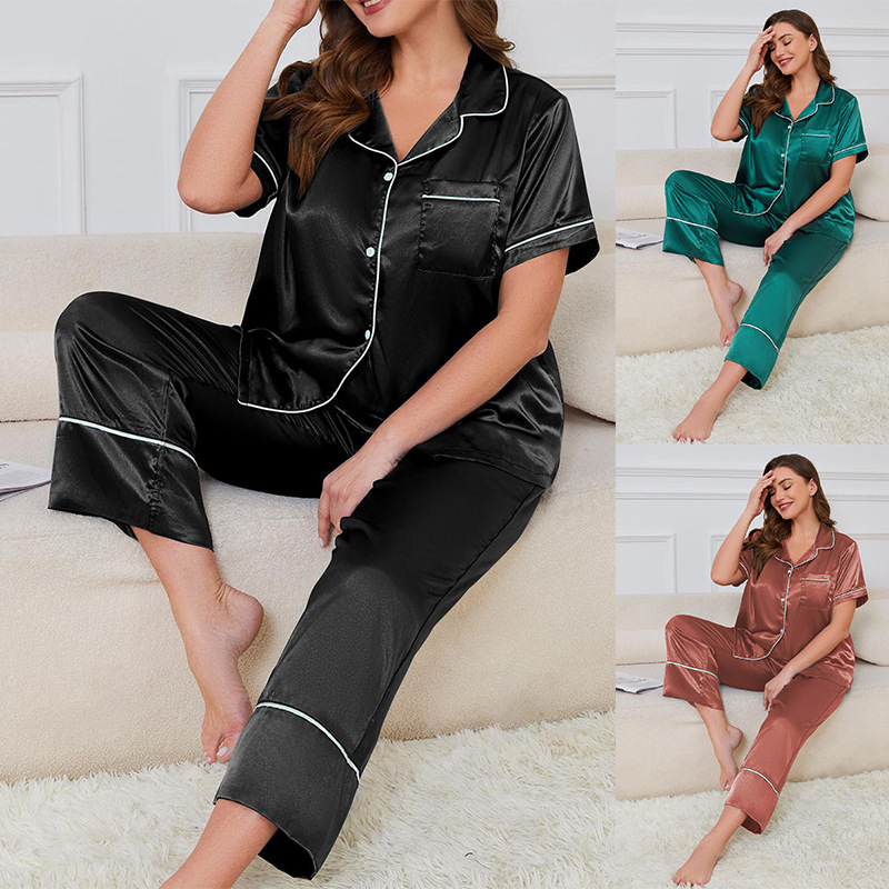 Cross-Border European and American Large Size Pajamas for Women Summer Simple Casual Imitation Silk Short-Sleeved Shirt Trousers Home Wear Two-Piece Set Cross-Border European and American Large Size Pajamas for Women Summer Simple Casual Imitation Silk Short-Sleeved Shirt Trousers Home Wear Two-Piece Set
