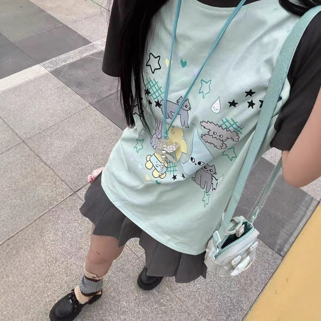 Japanese-style cute patchwork sweet short-sleeved t-shirt, new summer style, dopamine-inducing, loose-fitting student top, trendy women's clothing.