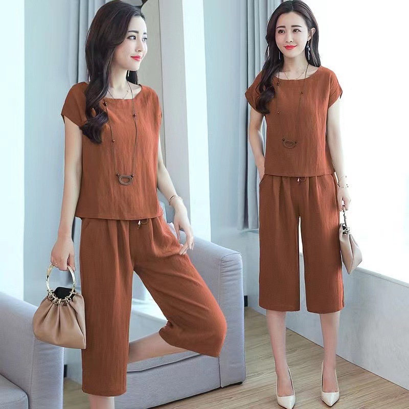 Cotton and linen casual fashion set for women, summer 2024 new collection, stylish and age-reducing summer outfit, short-sleeved two-piece set