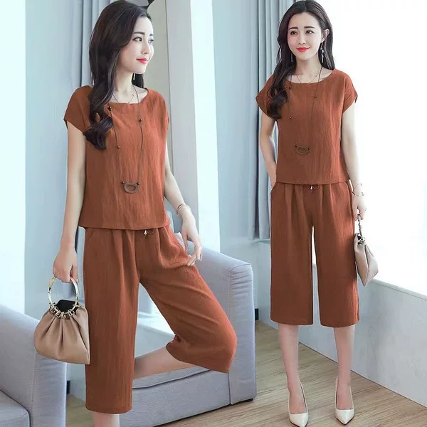 Cotton and linen casual fashion set for women, summer 2024 new collection, stylish and age-reducing summer outfit, short-sleeved two-piece set