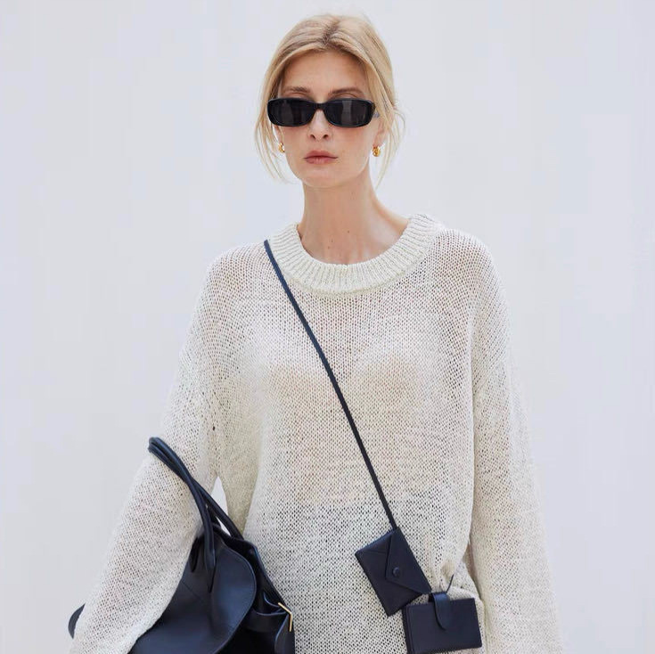 Row Style Breathable Linen and Paper Yarn Thick-Knit Hollow-Out Loose Round-Neck Summer Sun-Protective Breathable Knitwear for Women