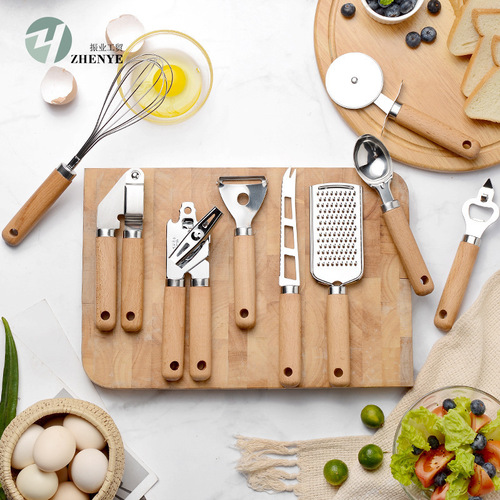 Wooden handle kitchen gadgets small kitchenware set baking set pizza cheese knife stainless steel egg beater
