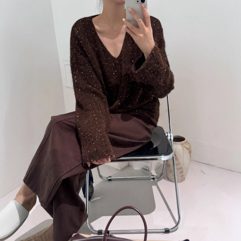 高级G混色彩纱洋气显瘦V领毛衣女秋冬季新款复古美拉德针织衫上衣|undefined