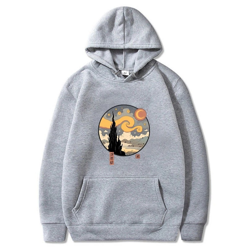 Starry Ukiyo-E Night Printed Hooded Sweatshirt Men's Autumn