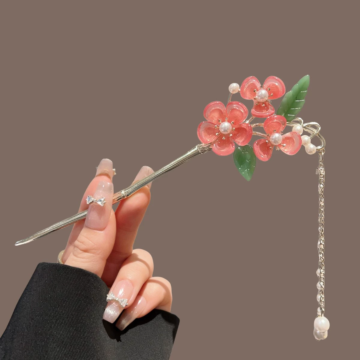 Металлическая шпилька-украшение с цветком, китайский стиль Hanfu, кисточка и жемчуг, 20 см