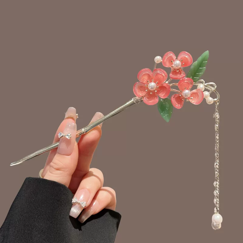 Металлическая шпилька-украшение с цветком, китайский стиль Hanfu, кисточка и жемчуг, 20 см