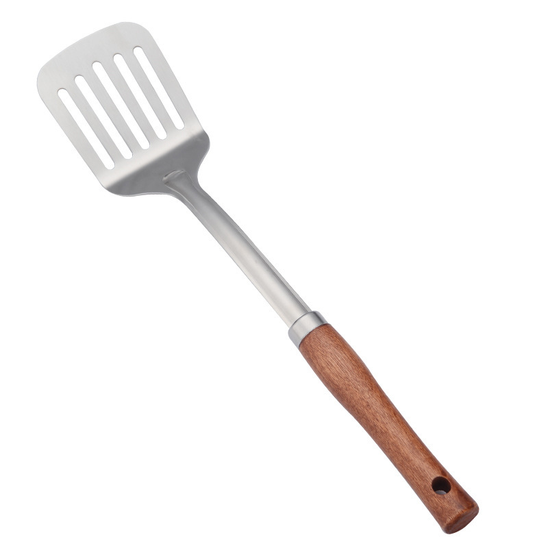 Espátula de acero inoxidable gruesa con mango de madera, cocina, cocina, cocina, pala, cuchara, colador, cuchara de cocina de acero inoxidable para el hogar