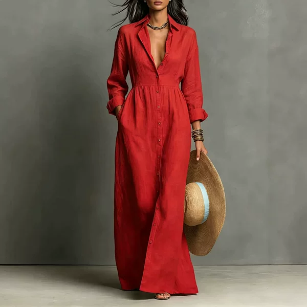 2026 European and American cross-border autumn and winter new casual style long dress with fashion pockets, solid color, buttons, long sleeves, and a turn-down collar