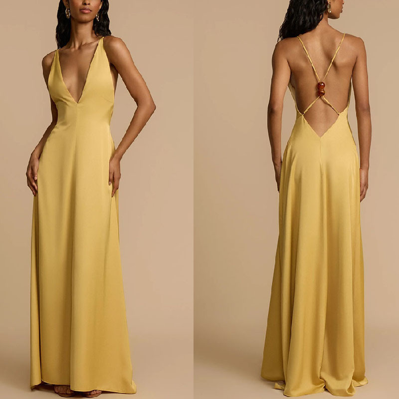 Cross-border Amazon Independent Station 2025 New Summer European and American Sexy Backless V-Neck Satin Long dress Women