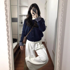 假两件藏蓝色针织开衫毛衣女春秋季新款韩系慵懒风松弛感短款上衣