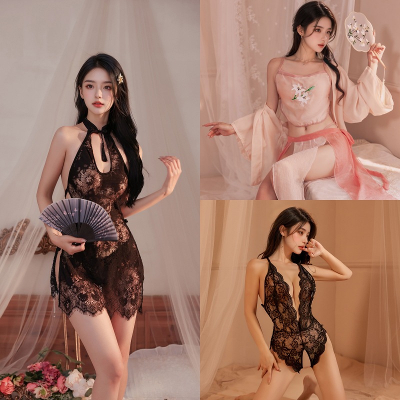 [3종팩] 핑크 한푸 + 블랙 레이스 점프수트 + 시스루 치파오