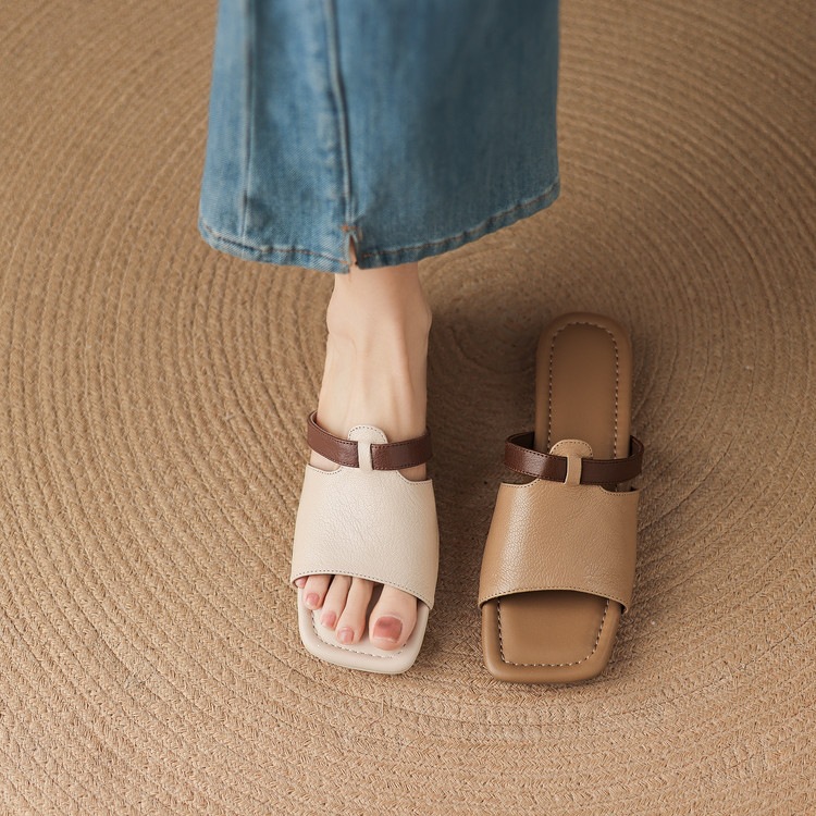 Dép sandal nữ xỏ ngón đế bệt phối màu hở mũi thời trang — màu trắng ngà, màu mơ chi tiết 70