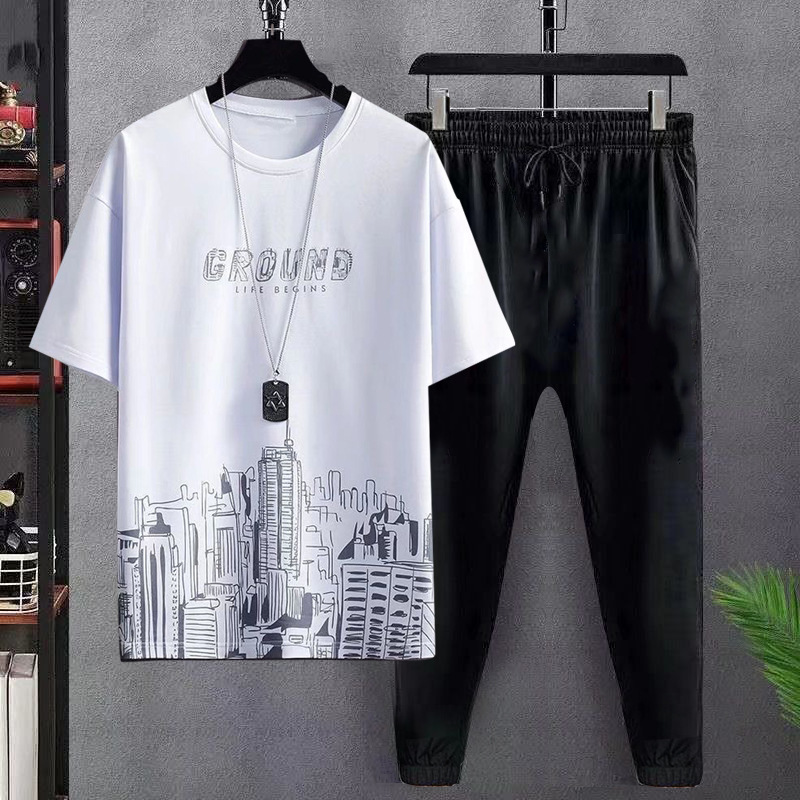 2024 summer fashion New Ice Silk gradient suit men's short-sleeved T-shirt casual trousers sports two-piece set handsome men