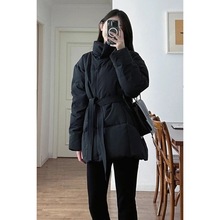 新年战袍美拉德黑色系带棉服女冬季2023新款高级收腰棉衣显瘦外套