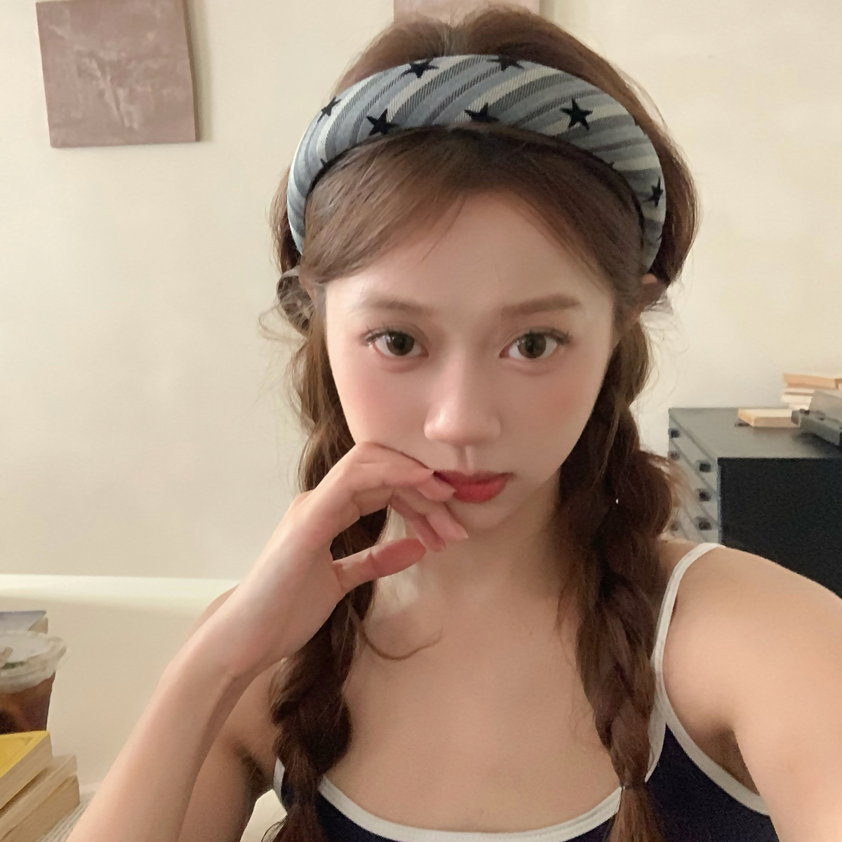 Retro flocado estrellas rayas esponja banda de cabello de la niña de borde ancho banda de cabeza de cráneo alto para presionar el cabello nuevo