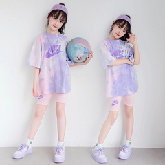 New Korean style girls' short-sleeved pants suit tie-dyed lettered two-piece set for big kids for cross-border shipping