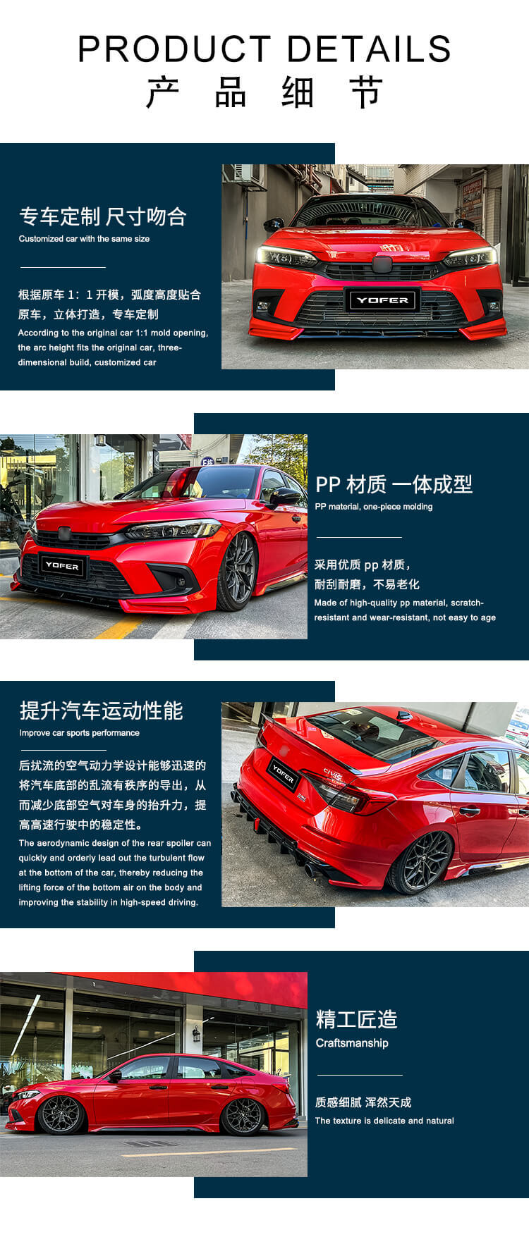 Suitable for the Eleventh Generation Civic Modified Yofer Surround Three-Stage Front Shovel Integrated Front Shovel Side Skirt Rear Lip Rear Spoiler