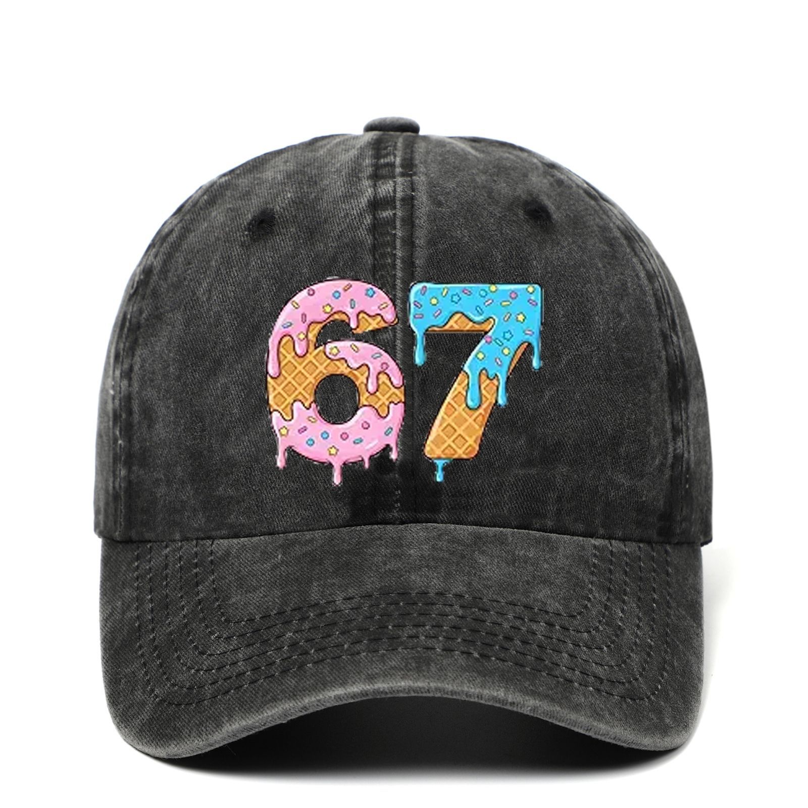 跨境代发新款时尚牛仔棒球帽女美式复古风格67印花秋冬软顶鸭舌帽