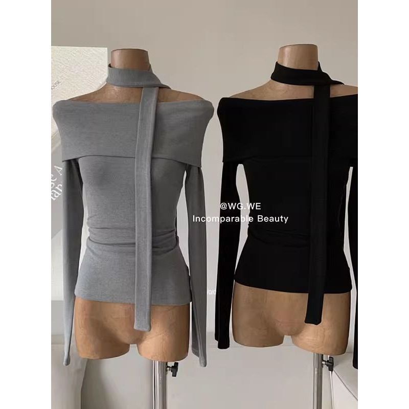 Early Autumn Off-Shoulder T-Shirt for Women with a Unique Design, Slim-Fit Base Shirt with a Turn-Down Collar, One-Shoulder Long-Sleeve Modal Cotton Top Early Autumn Off-Shoulder T-Shirt for Women with a Unique Design, Slim-Fit Base Shirt with a Turn-Down Collar, One-Shoulder Long-Sleeve Modal Cotton Top
