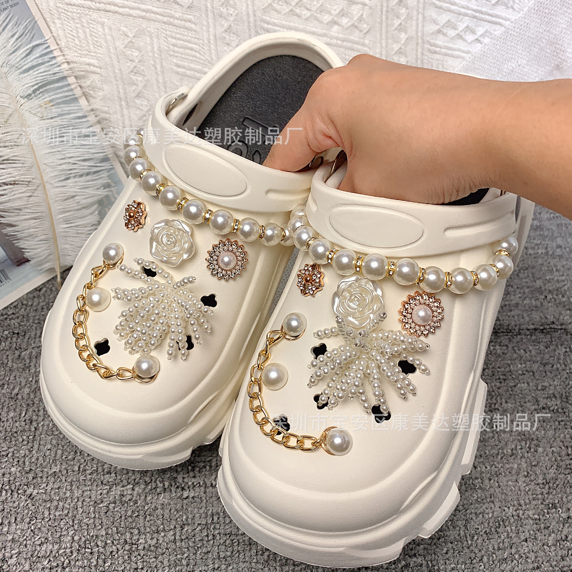 K107-pearl 체인 수제 꽃 진주 다이아몬드 체인 (신발 제외)