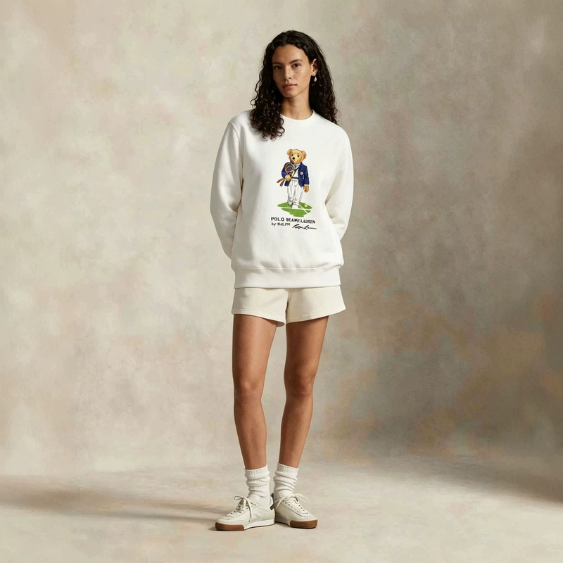 2026 Autumn/Winter European New Style Cross-Border Classic European Cartoon Tennis Bear Print College Style Hoodless Sweatshirt 2026 Autumn/Winter European New Style Cross-Border Classic European Cartoon Tennis Bear Print College Style Hoodless Sweatshirt