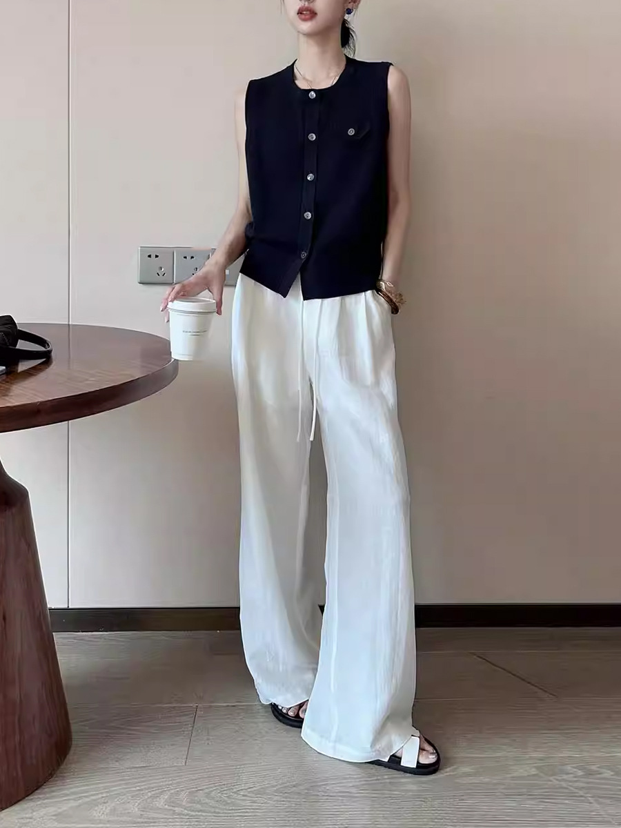 Áo cardigan len dệt kim nữ cổ tròn không tay dáng ôm — màu xanh hải quân
