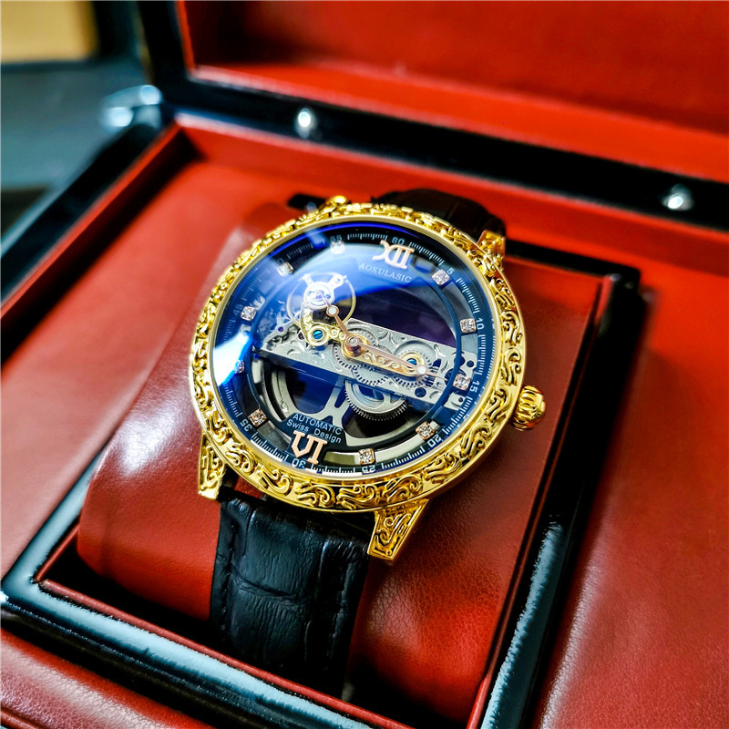 Oglas AOKULASIC reloj mecánico automático de los hombres de doble cara hueco tallado vintage impreso reloj 2120