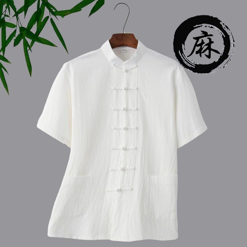 New Summer Vertical Collar Middle-aged Cotton and Linen Short-sleeved Top Men's Tea Clothing Husband Clothing Taiji Casual Tang Suit suit