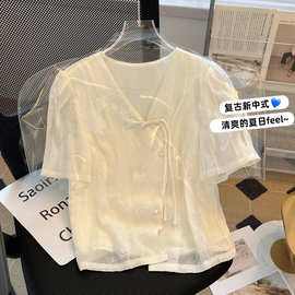 新中式短款雪纺上衣设计感女夏季泡泡袖国风盘扣刺绣V领短袖衬衫