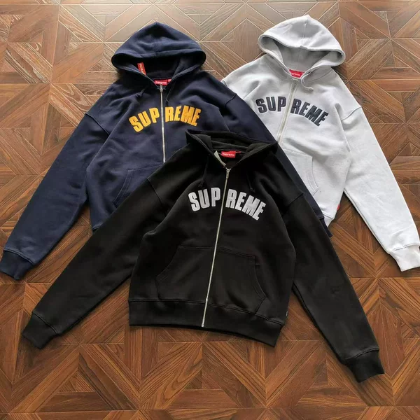 Supreme 24Fw Heated Waffle Fleece Sweatshirt for Men and Women, Couple Style, Patch Pattern, Zip-Up Hoodie, Trendy Brand