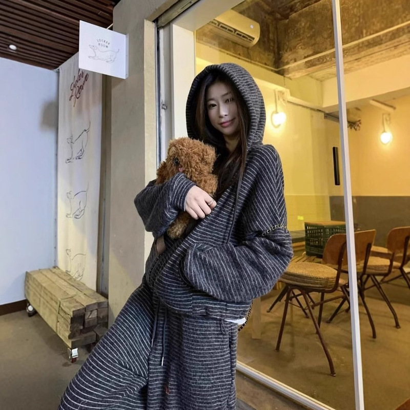 Thread Scratch Wool Yaded Fabric Strip Autumn and Winter suit Loose Hooded Striped Jacket Wide Leg Pants Trousers Two-Piece Set Thread Scratch Wool Yaded Fabric Strip Autumn and Winter suit Loose Hooded Striped Jacket Wide Leg Pants Trousers Two-Piece Set