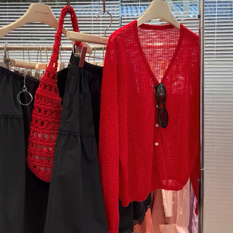 Store Recommendation! Super Flattering ~ Retro Red Slimming Stylish V-Neck Thin Long-Sleeve Knit Cardigan Sun Protection Shirt
