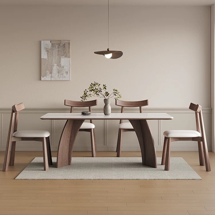 Modern Minimalist Walnut-Colored Dining Table 7K Solid Wood Slate Dining Table for Home Use Italian-Style Minimalist Rectangular Gray Slate Dining Table