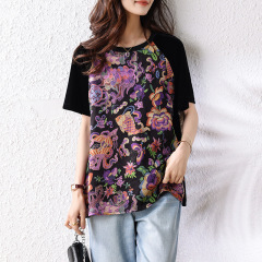 2025 夏の新大きいサイズの女性のファッショナブルなルーズスリミング中国風ステッチコントラストプリント Tシャツトップ