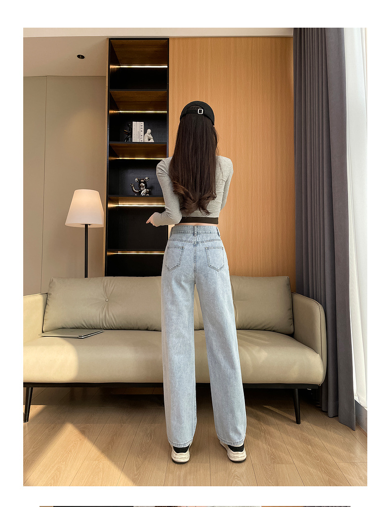 Quần jeans ống rộng dáng suông nữ kiểu retro tôn dáng — màu xanh nhạt chi tiết 3