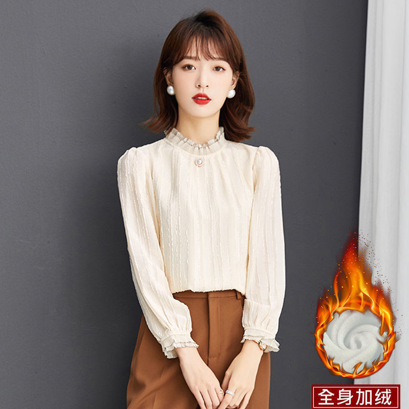 加绒蕾丝打底衫女秋冬新款韩范半高领时尚女士雪纺小衫保暖上衣潮|undefined