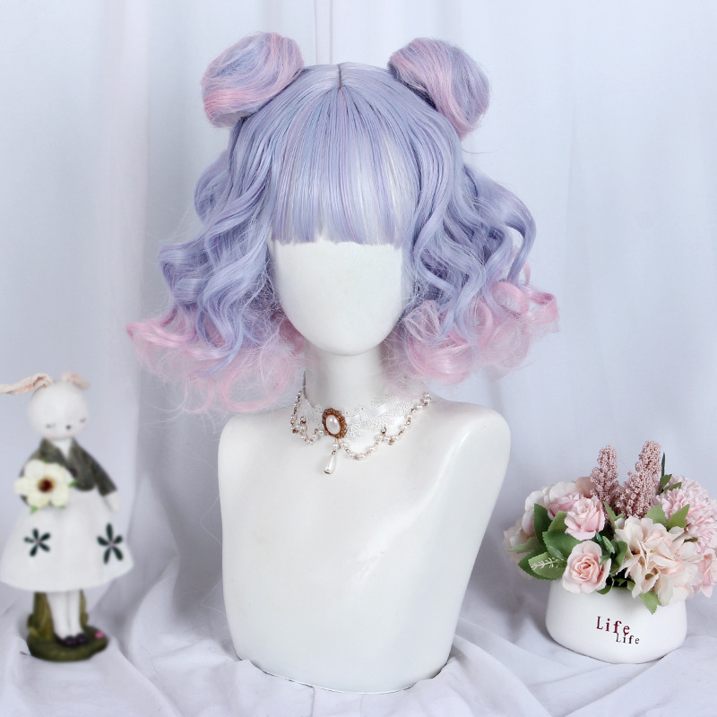 Japanese Harajuku wig blue purple gradient pink daily Lolita Hair bag wig set WIG-738A