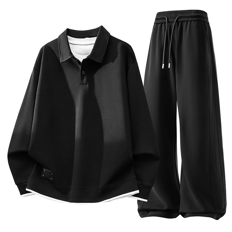 2026 primavera para hombres de peso extra tamaño falso dos piezas con solapa suéter pantalón conjunto de camisa coreana juvenil empalme