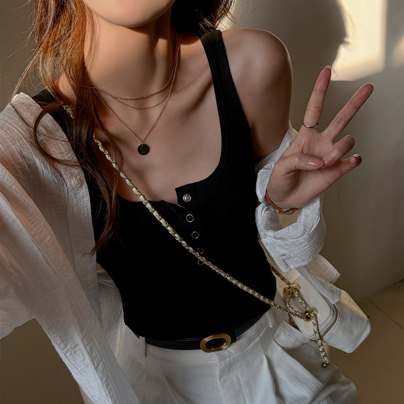 Classic Basic Button-Down Modal Camisole with a Turn-Down Collar, Women's Korean-Style Design Sleeveless Top Classic Basic Button-Down Modal Camisole with a Turn-Down Collar, Women's Korean-Style Design Sleeveless Top