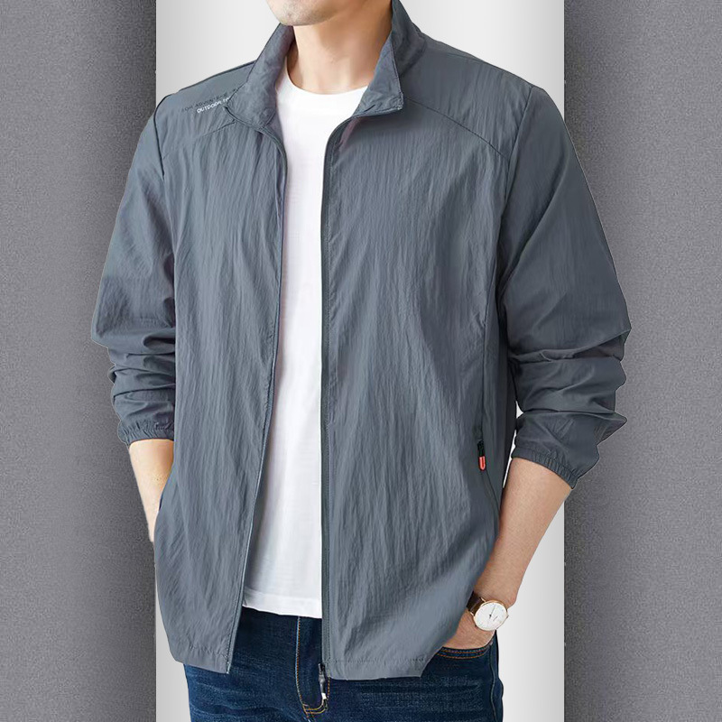 Summer Ultra-Thin Handsome Sun Protection Clothes for Men, Loose Breathable Jackets, Men's Casual Stand-Up Collar Jackets, Outdoor Sports Quick-Drying