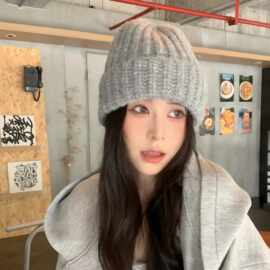 含羊毛帽子女秋冬季毛线帽韩版套头帽韩国百搭大头围针织帽月子帽
