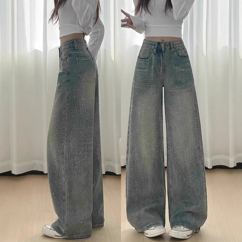 Straight-Leg Rhinestone Jeans, Double-Sided, 2026 Spring New Style, High-Waisted Loose Long Pants, Summer Thin Style, Rhinestone Starry Pattern